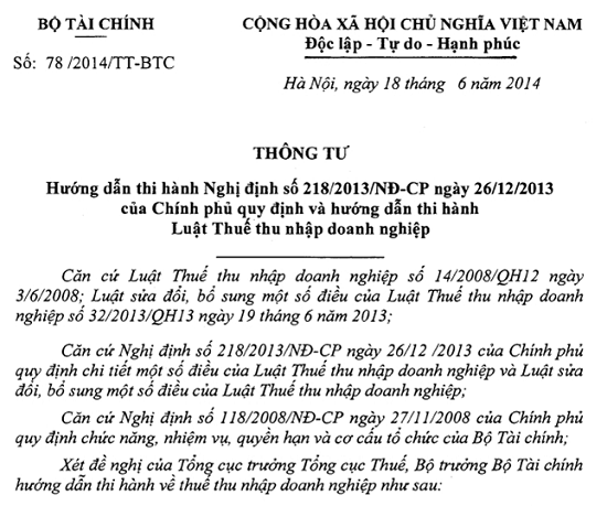 Thông tư 78/2014/TT-BTC hướng dẫn thi hành Nghị định 218/2013/NĐ-CP hướng dẫn Luật Thuế thu nhập doanh nghiệp do Bộ trưởng Bộ Tài chính ban hành